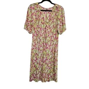 Mango XL Pink Green Floral Print Dress Semi Sheer